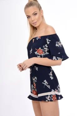 Rebellious Fashion Navy Bardot Floral Playsuit - Estee