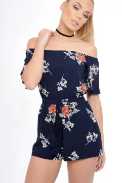 Rebellious Fashion Navy Bardot Floral Tassel Playsuit - Keren