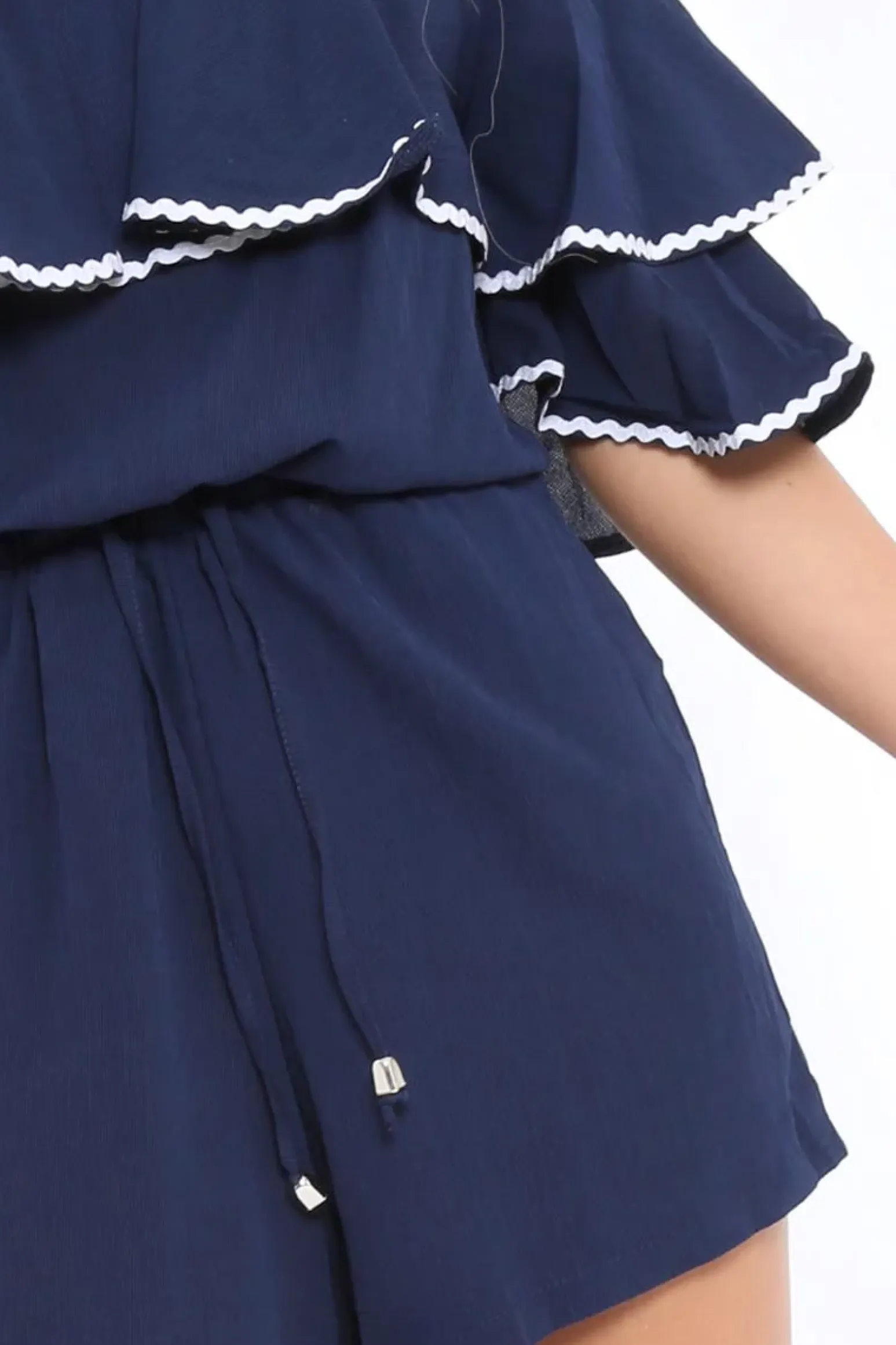 Rebellious Fashion Navy Bardot Frill Drawstring Tie Playsuit - Micah