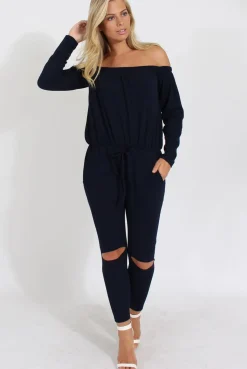 Rebellious Fashion Navy Bardot Ripped Knee Jumpsuit - Betty