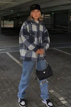 Rebellious Fashion Navy Blue Check Pocket Front Shacket - Misa