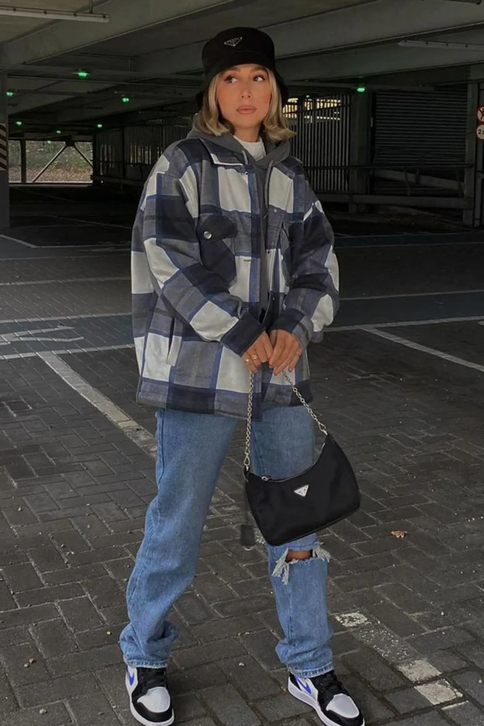 Rebellious Fashion Navy Blue Check Pocket Front Shacket - Misa