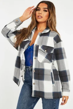 Rebellious Fashion Navy Blue Check Pocket Front Shacket - Misa