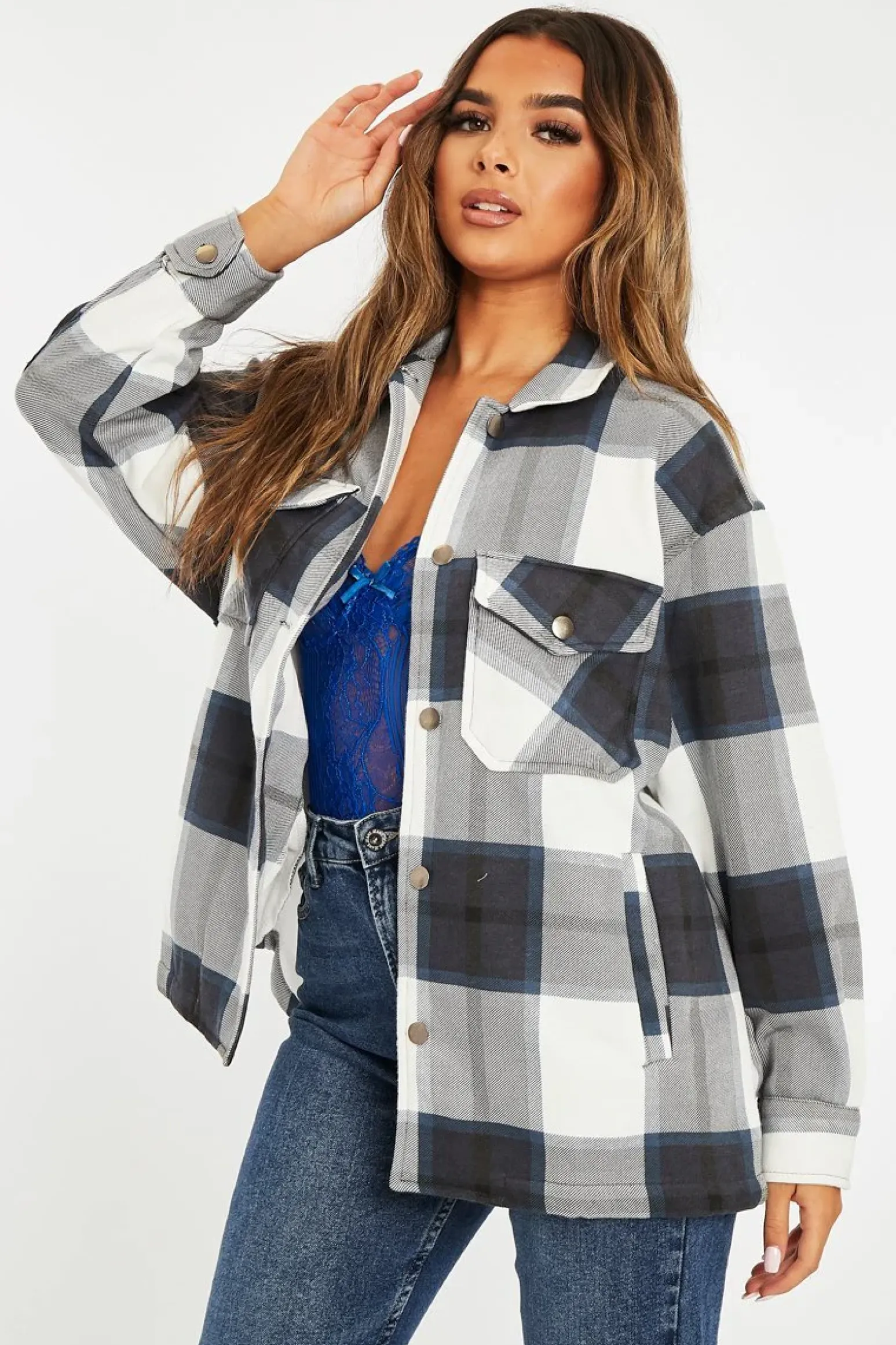 Rebellious Fashion Navy Blue Check Pocket Front Shacket - Misa