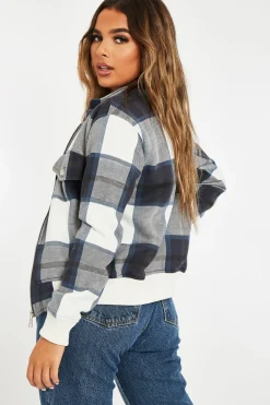 Rebellious Fashion Navy Blue Check Zip Front Bomber Jacket - Luna