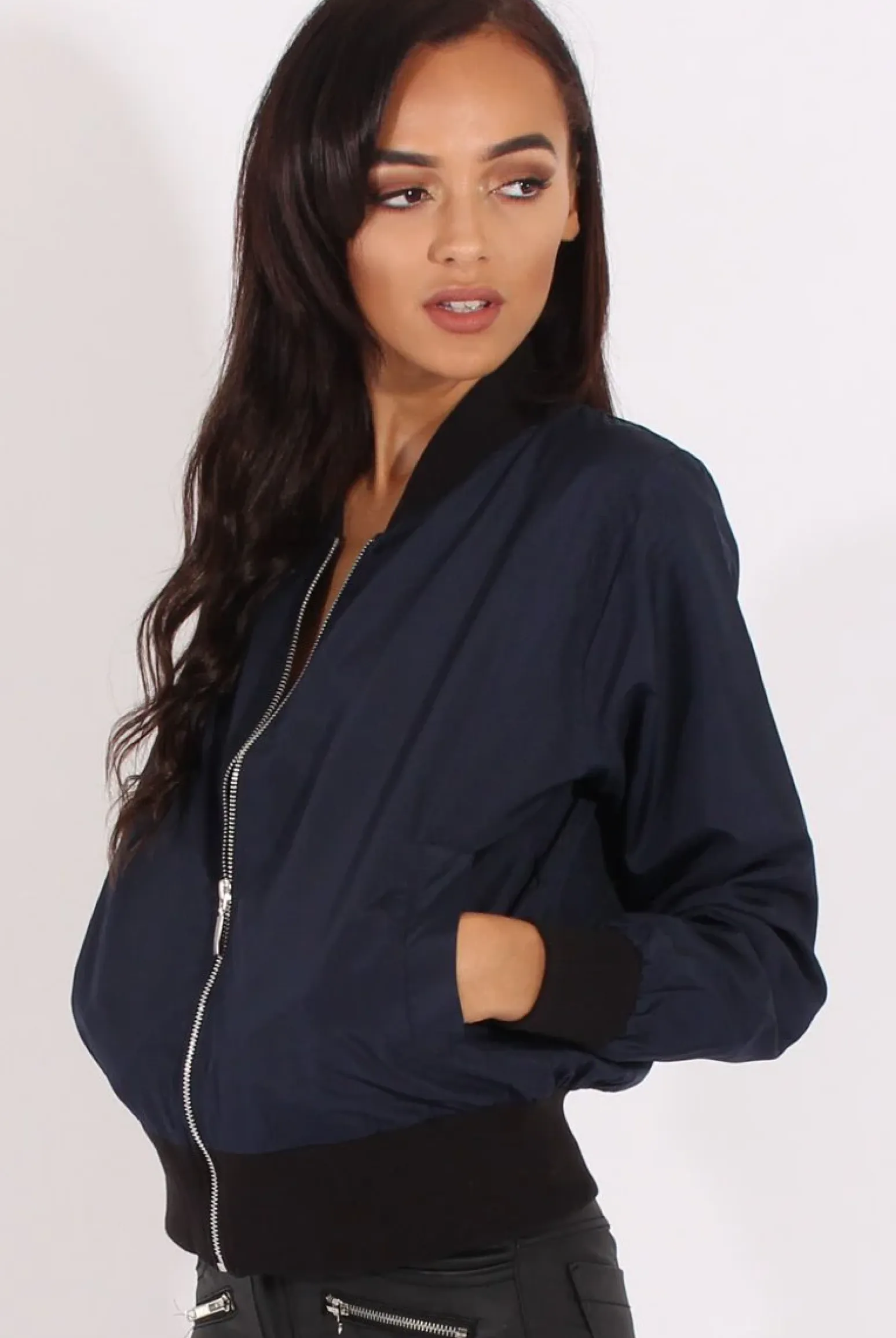 Rebellious Fashion Navy Bomber Jacket - Maisie
