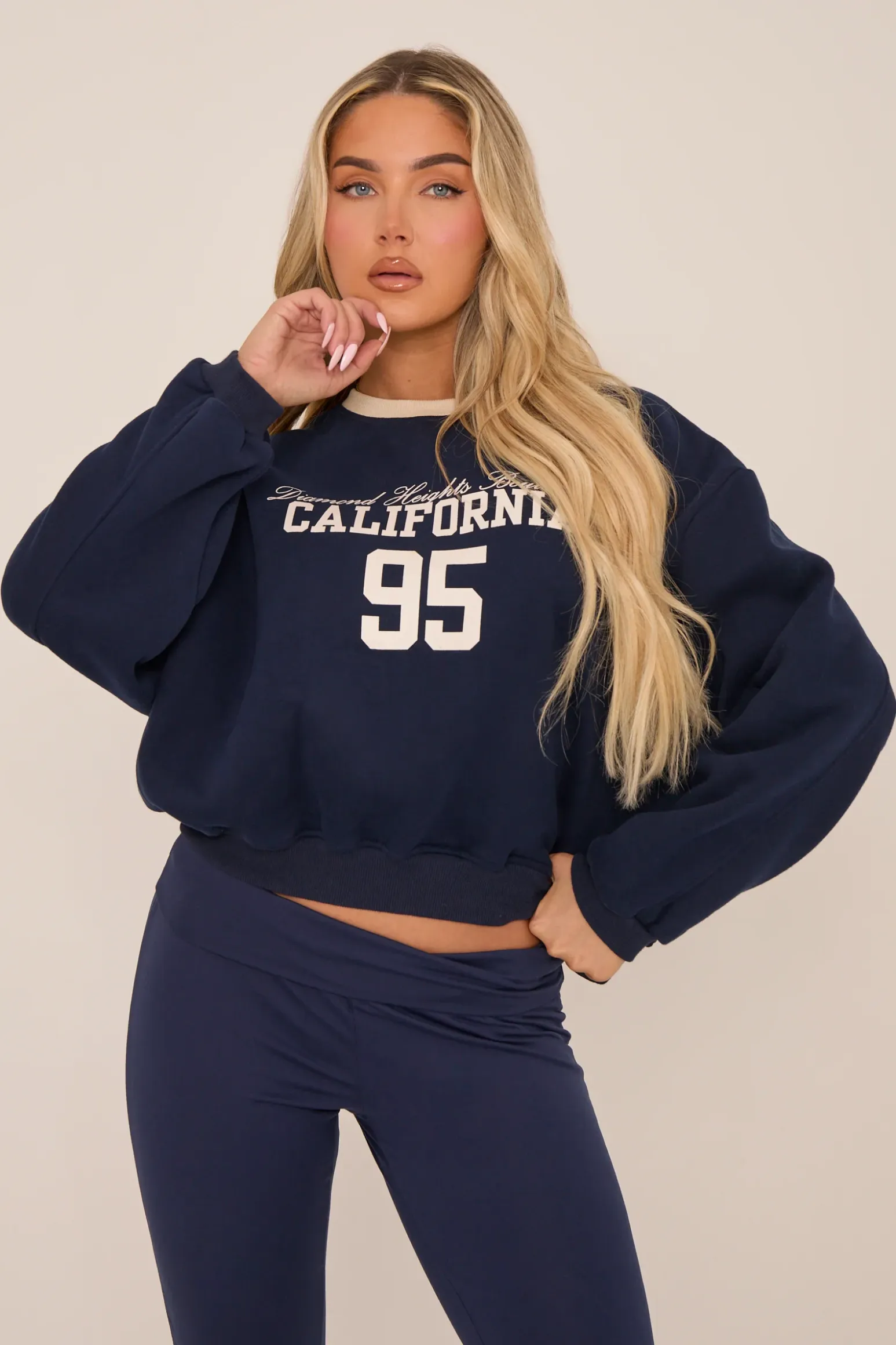Rebellious Fashion Navy California Print Long Sleeves Sweatshirt - Alisha