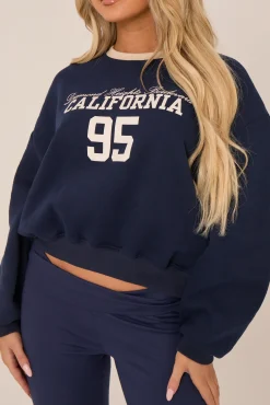 Rebellious Fashion Navy California Print Long Sleeves Sweatshirt - Alisha