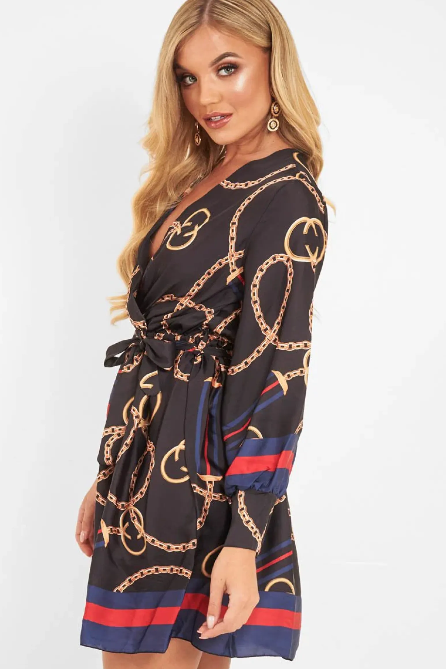 Rebellious Fashion Navy Chain Print Satin Plunge Shirt Dress - Cristen