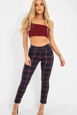 Rebellious Fashion Navy Check High Waist Slim Fit Trousers - Sashya
