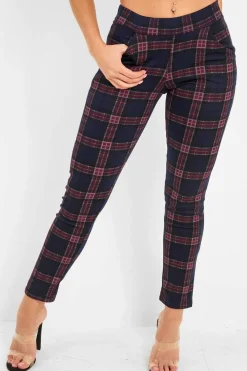 Rebellious Fashion Navy Check High Waist Slim Fit Trousers - Sashya