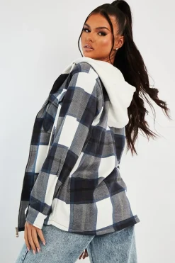 Rebellious Fashion Navy Check Hooded Shacket - Destyn