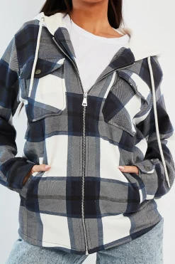 Rebellious Fashion Navy Check Hooded Shacket - Destyn