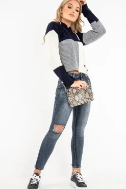 Rebellious Fashion Navy Colour Block Chunky Knit Jumper - Maebel