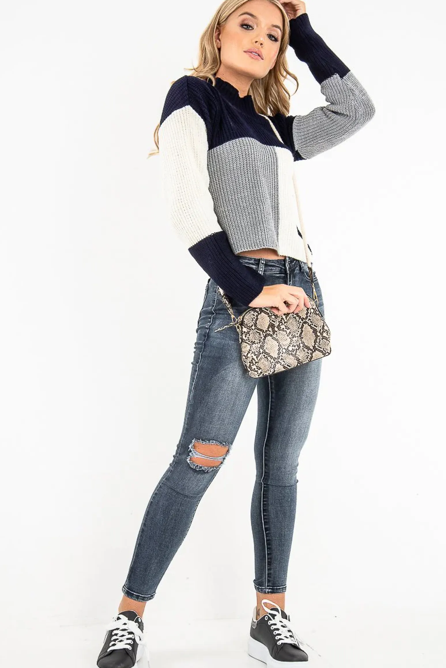 Rebellious Fashion Navy Colour Block Chunky Knit Jumper - Maebel