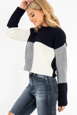 Rebellious Fashion Navy Colour Block Chunky Knit Jumper - Maebel