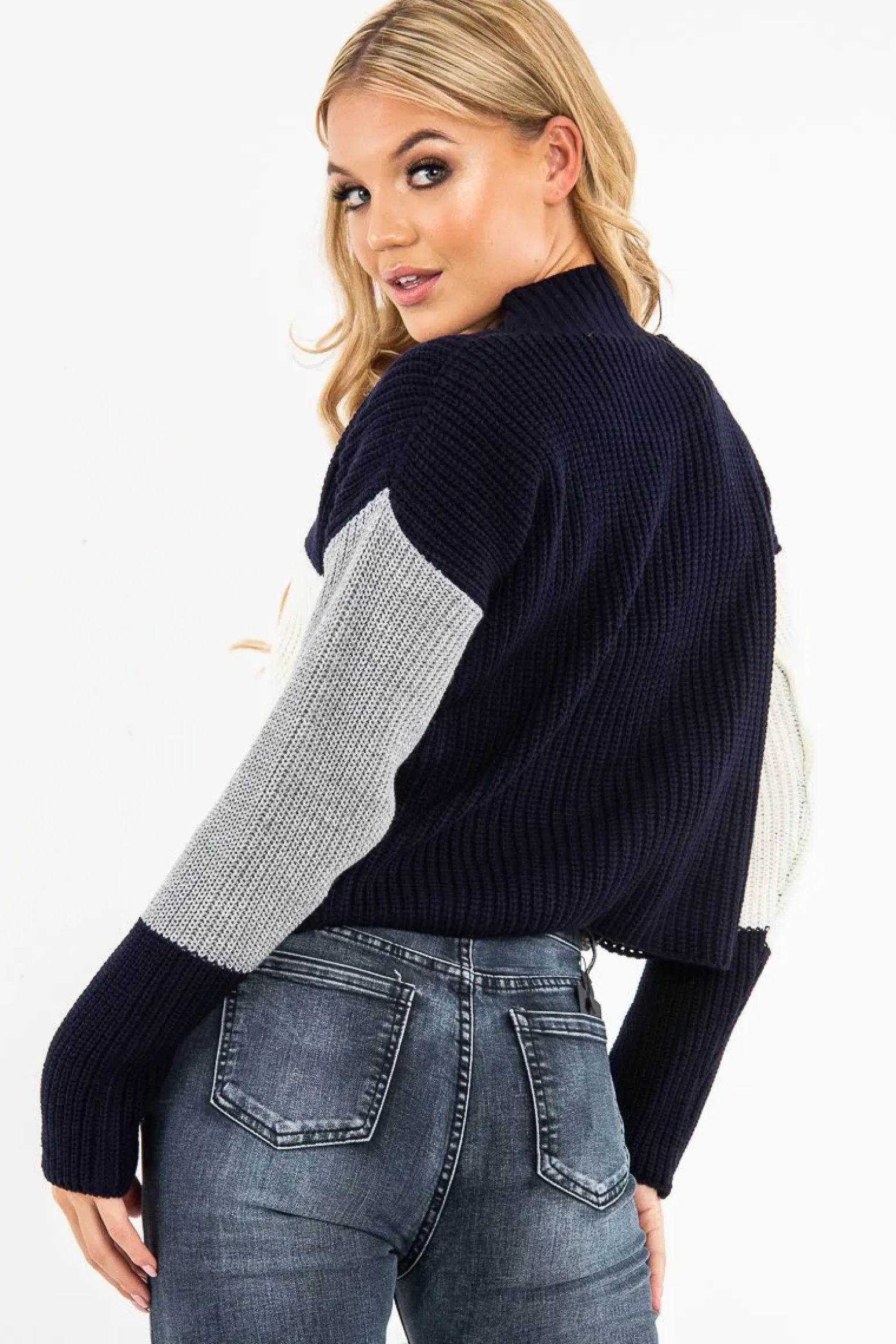 Rebellious Fashion Navy Colour Block Chunky Knit Jumper - Maebel