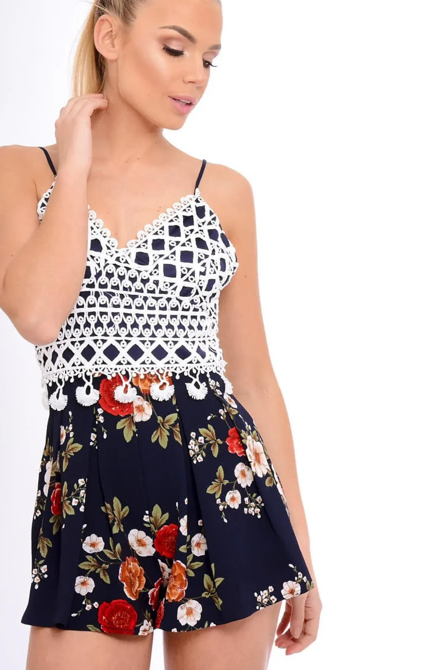 Rebellious Fashion Navy Crochet Lace Floral Print Playsuit - Aerin