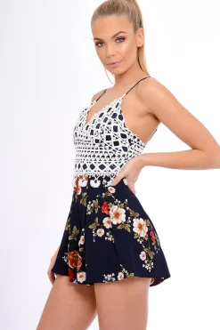 Rebellious Fashion Navy Crochet Lace Floral Print Playsuit - Aerin