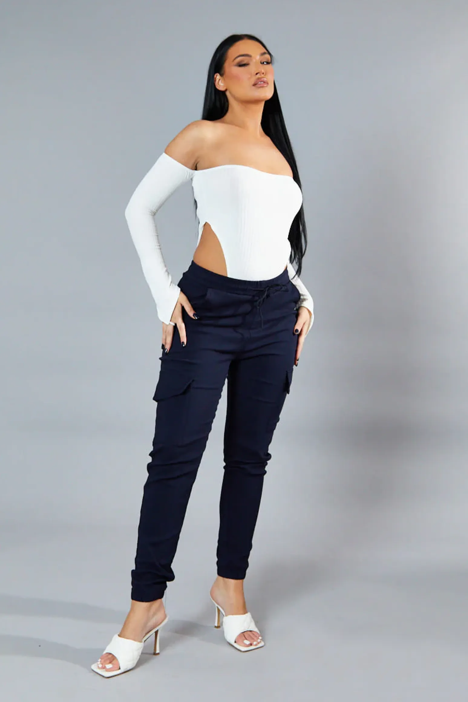 Rebellious Fashion Navy Cuffed Hem Cargo Trousers - Rain