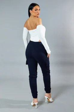Rebellious Fashion Navy Cuffed Hem Cargo Trousers - Rain
