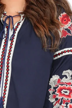 Rebellious Fashion Navy Embroidered Shirt Dress - Nikki