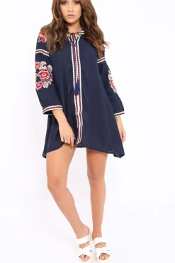 Rebellious Fashion Navy Embroidered Shirt Dress - Nikki