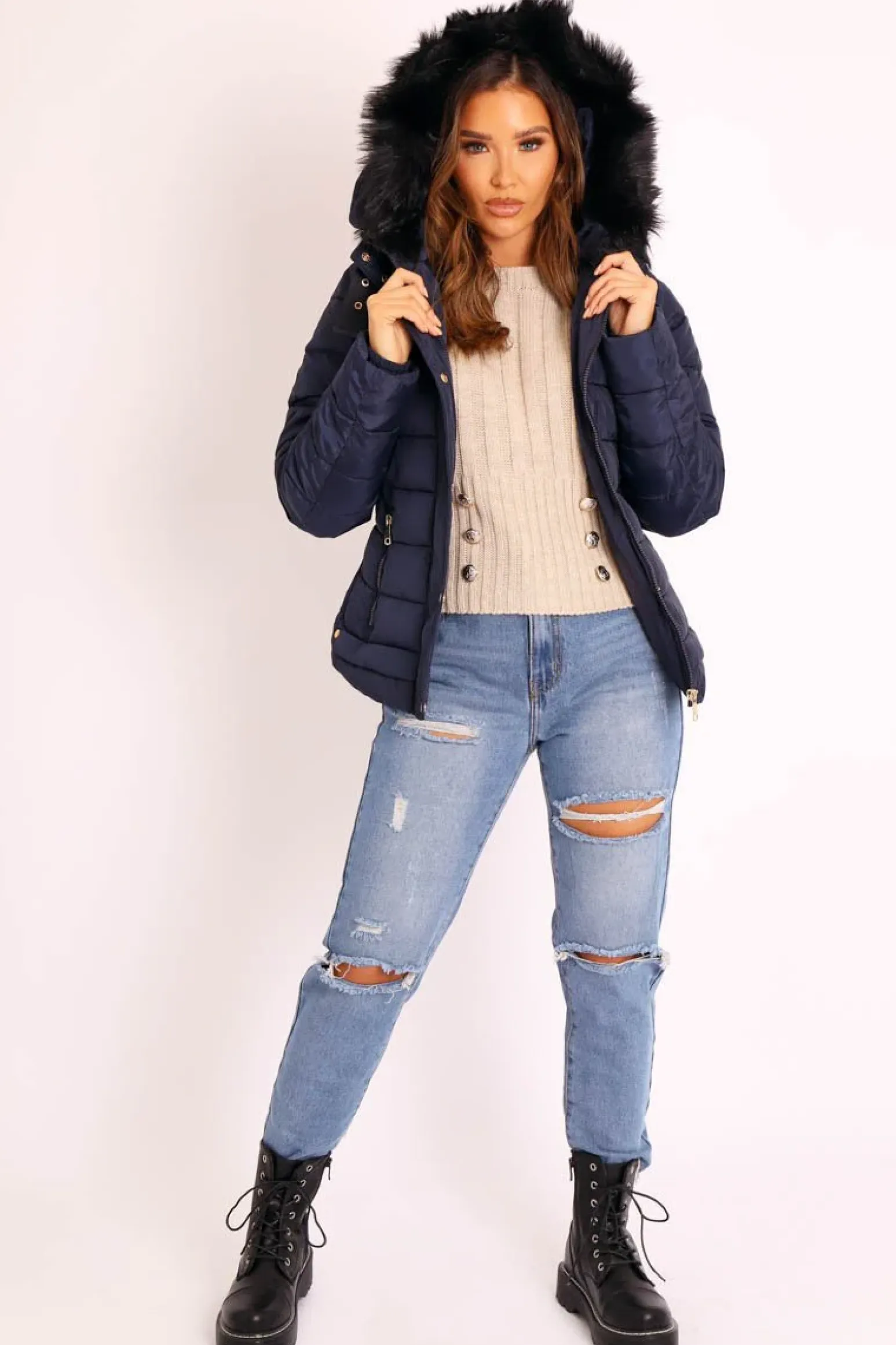 Rebellious Fashion Navy Faux Fur Trim Hood Padded Coat - Jessabelle