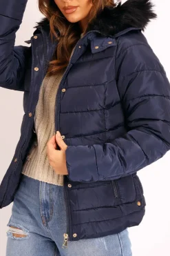 Rebellious Fashion Navy Faux Fur Trim Hood Padded Coat - Jessabelle