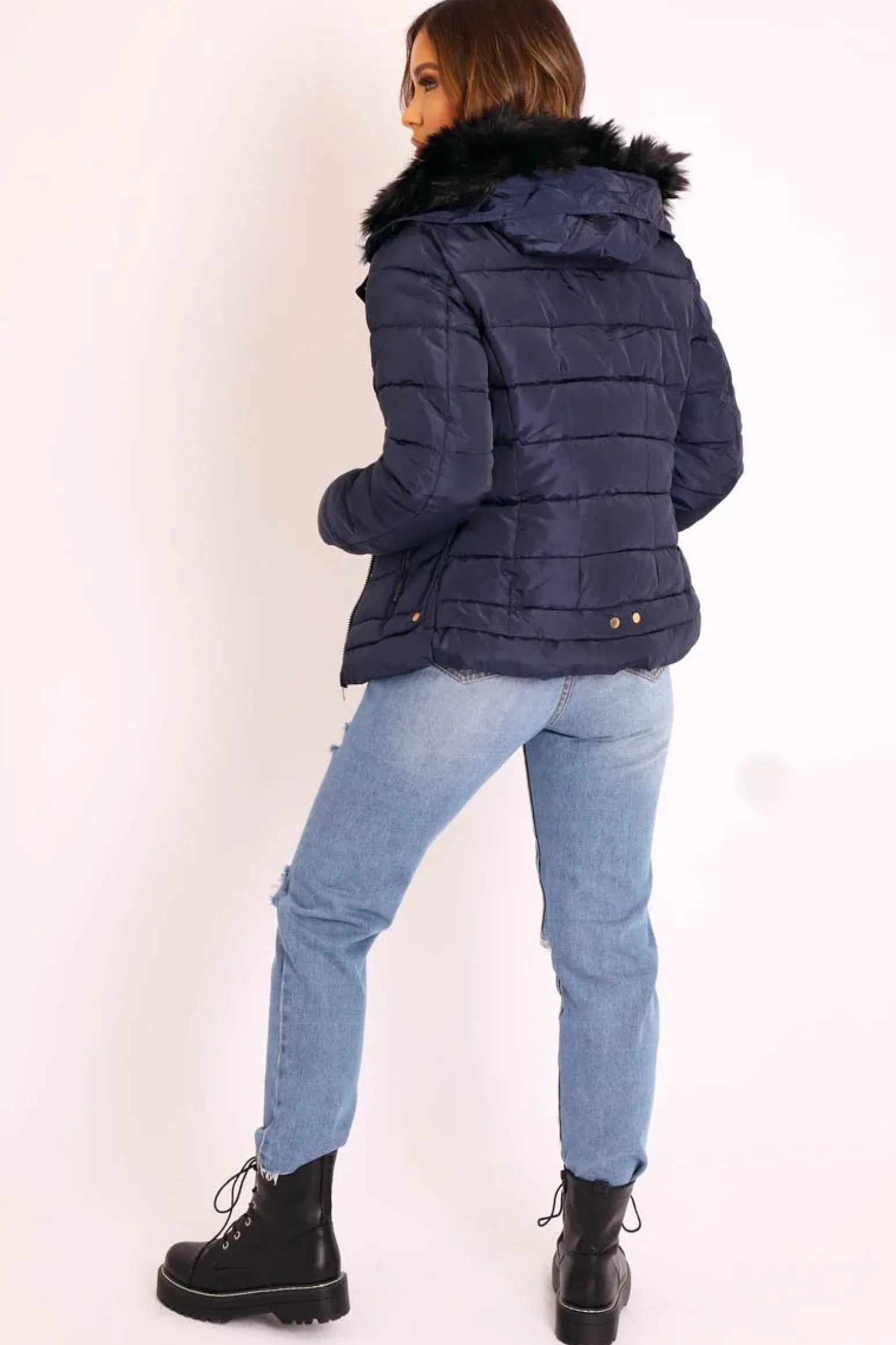 Rebellious Fashion Navy Faux Fur Trim Hood Padded Coat - Jessabelle