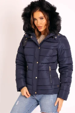 Rebellious Fashion Navy Faux Fur Trim Hood Padded Coat - Jessabelle