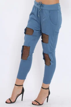 Rebellious Fashion Navy Fish Net Panel Detail Joggers - Mikaela