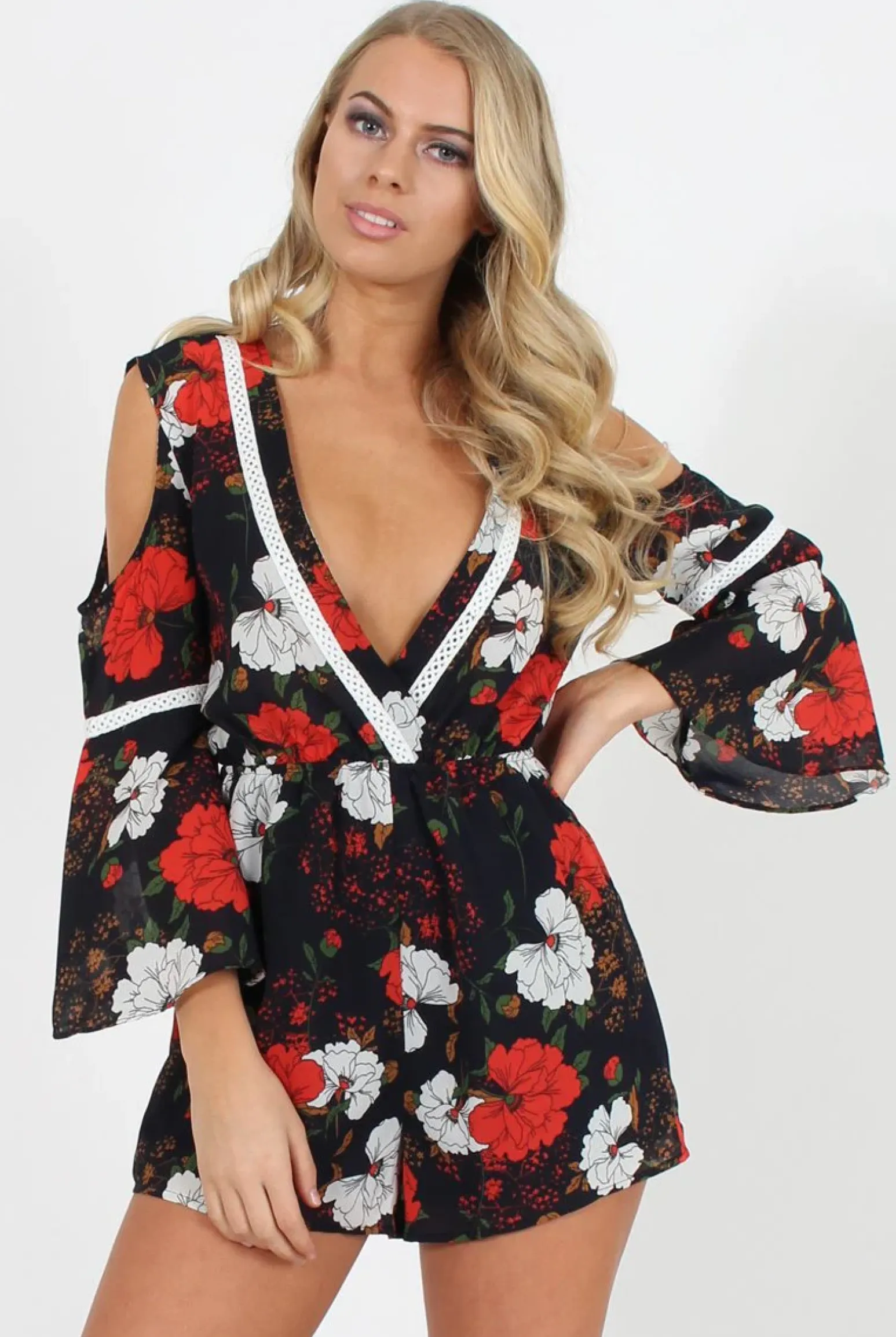 Rebellious Fashion Navy Floral Cold Shoulder Playsuit - Sophia