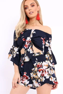 Rebellious Fashion Navy Floral Crop Top and Shorts Co-ord - Teigan