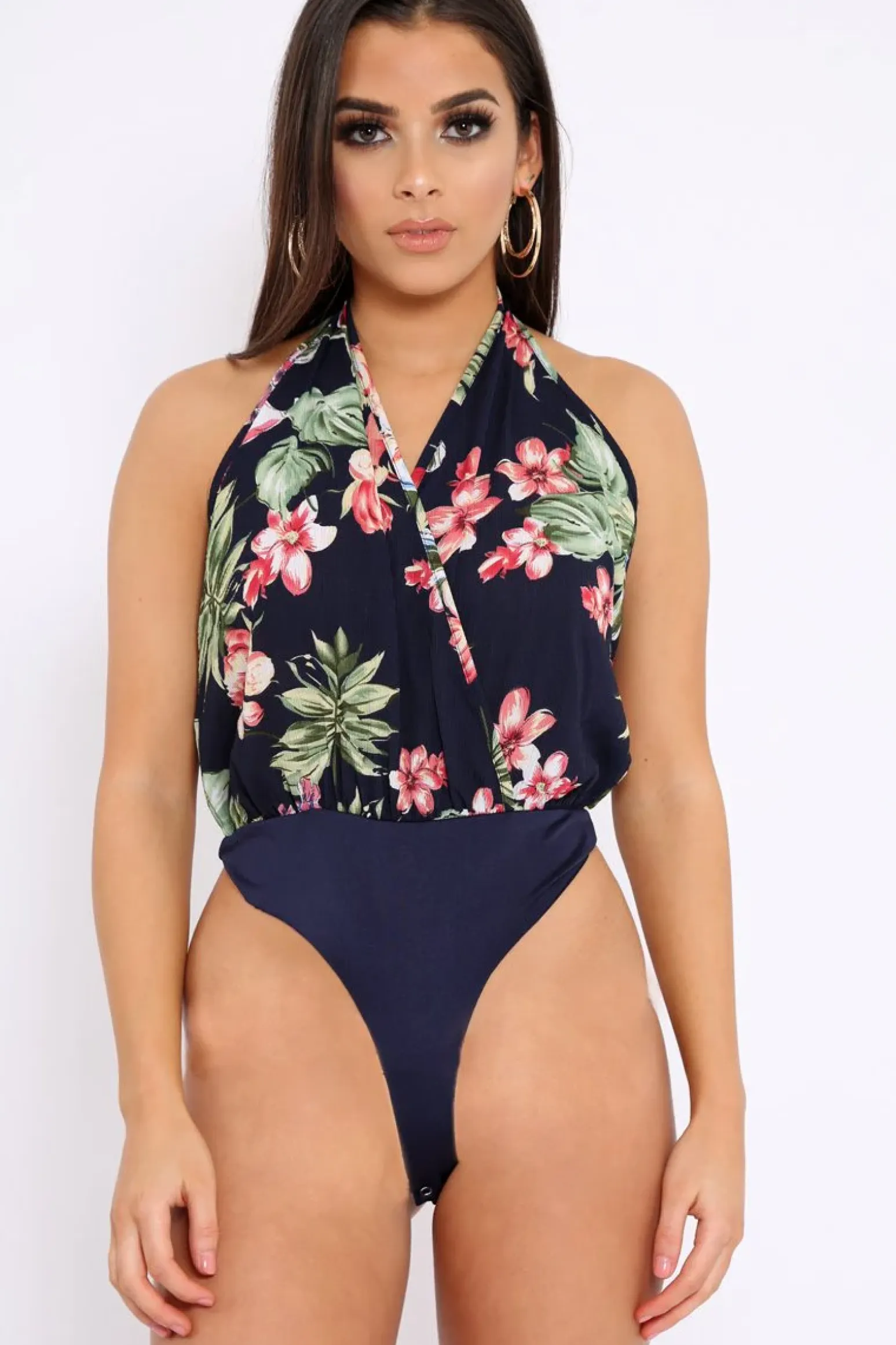 Rebellious Fashion Navy Floral Halterneck Bodysuit - Clary