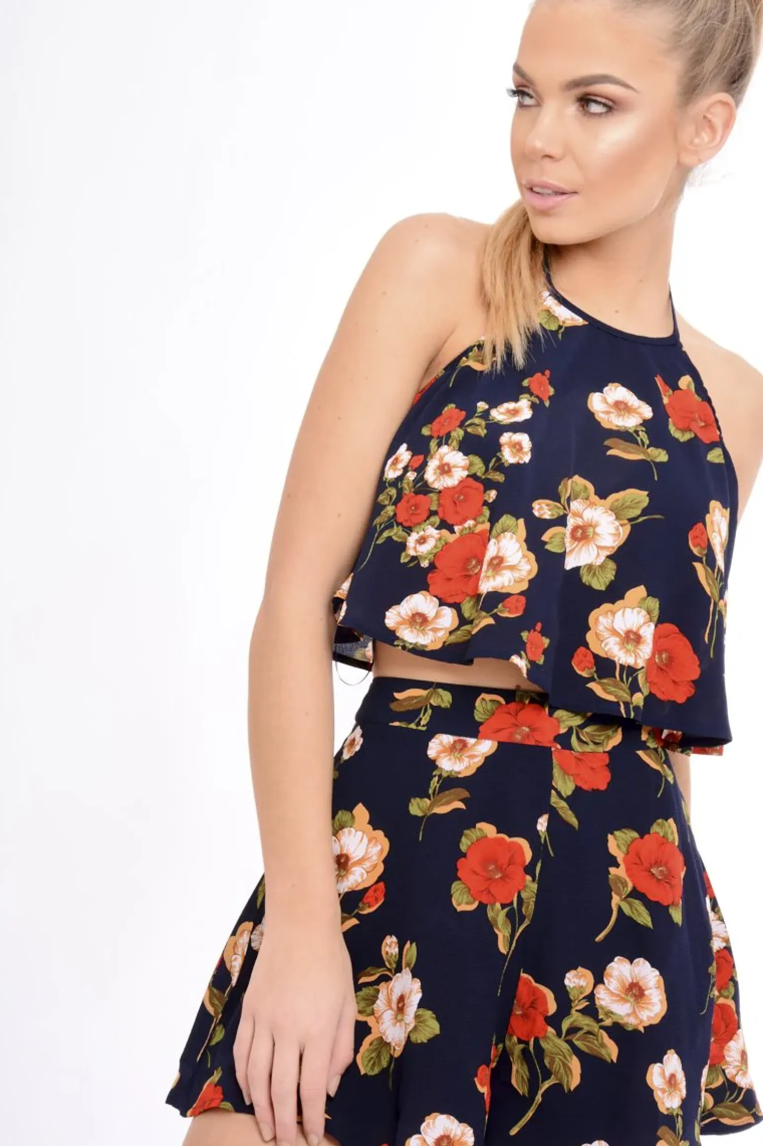 Rebellious Fashion Navy Floral Halterneck Crop Top - Kamisha