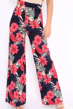 Rebellious Fashion Navy Floral High Waist Flare Trousers - Tisha