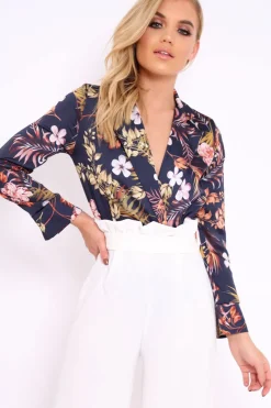 Rebellious Fashion Navy Floral Plunge Satin Bodysuit - Rebeka