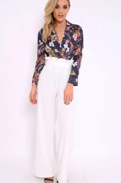 Rebellious Fashion Navy Floral Plunge Satin Bodysuit - Rebeka