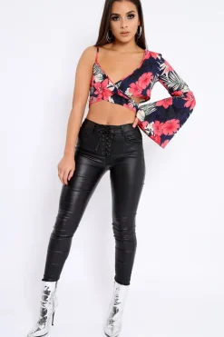 Rebellious Fashion Navy Floral Print Asymmetrical Sleeve Crop Top - Clarinda