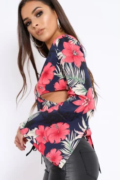 Rebellious Fashion Navy Floral Print Asymmetrical Sleeve Crop Top - Clarinda
