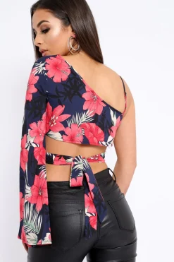 Rebellious Fashion Navy Floral Print Asymmetrical Sleeve Crop Top - Clarinda