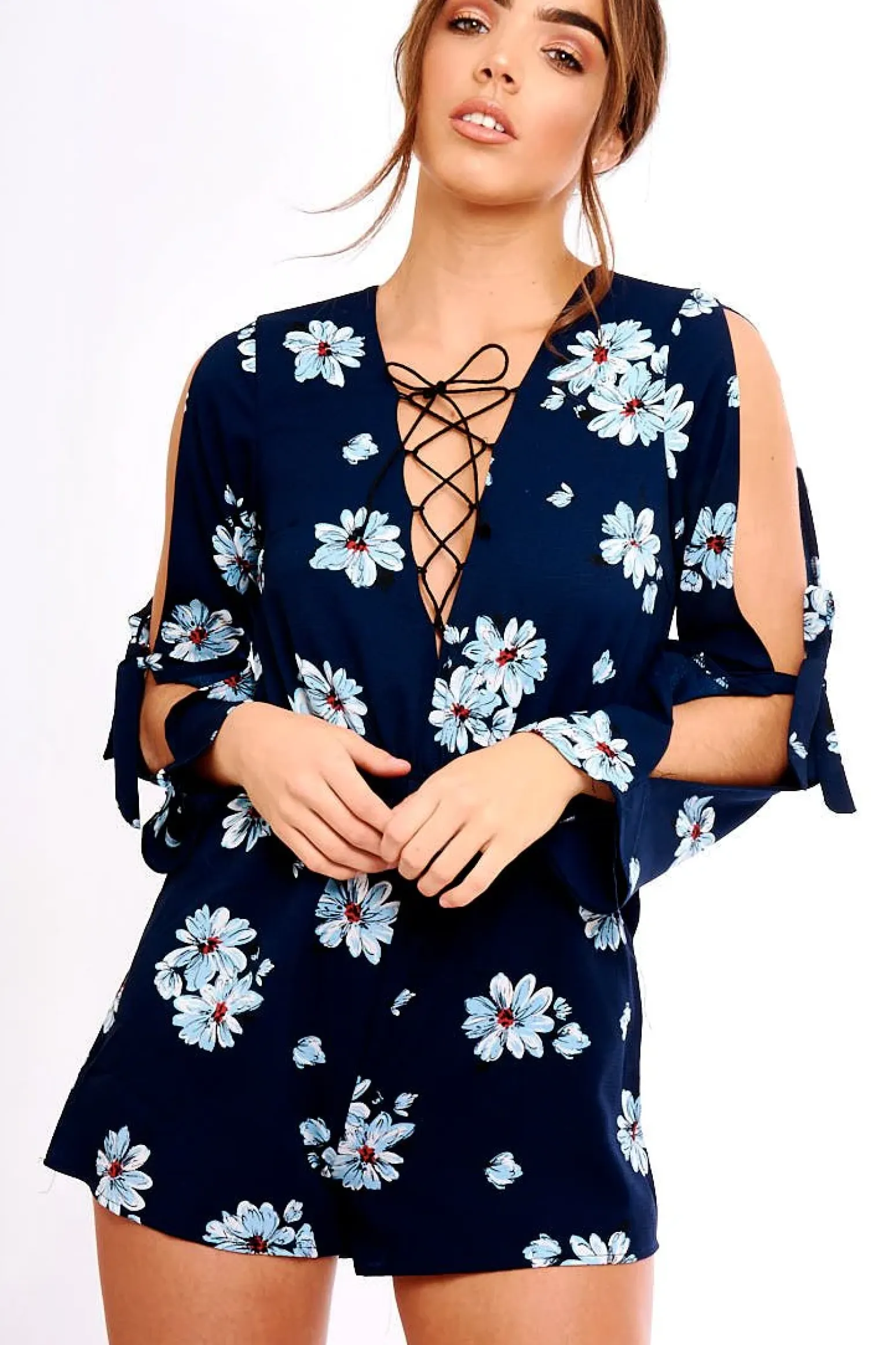 Rebellious Fashion Navy Floral Print Lace Up Playsuit - Courtney