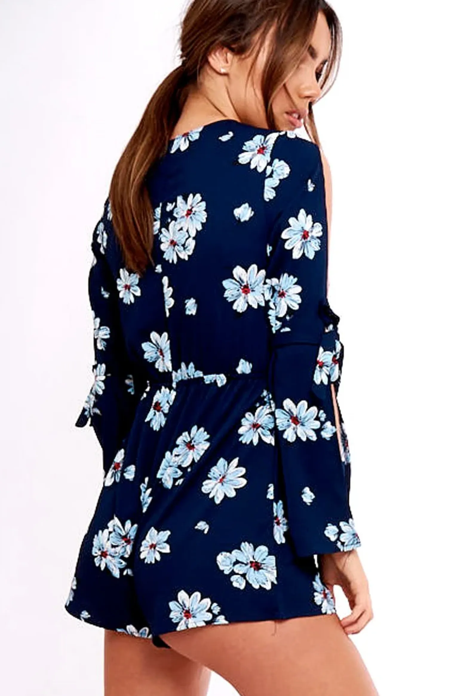 Rebellious Fashion Navy Floral Print Lace Up Playsuit - Courtney
