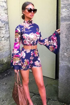Rebellious Fashion Navy Floral Print Open Back Playsuit - Cassia