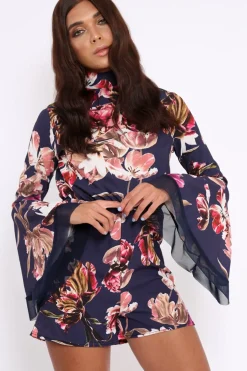 Rebellious Fashion Navy Floral Print Open Back Playsuit - Cassia