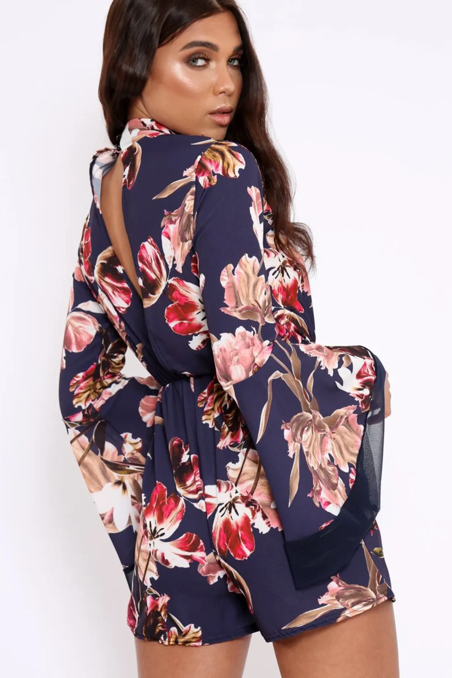 Rebellious Fashion Navy Floral Print Open Back Playsuit - Cassia