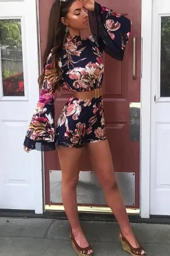 Rebellious Fashion Navy Floral Print Open Back Playsuit - Cassia