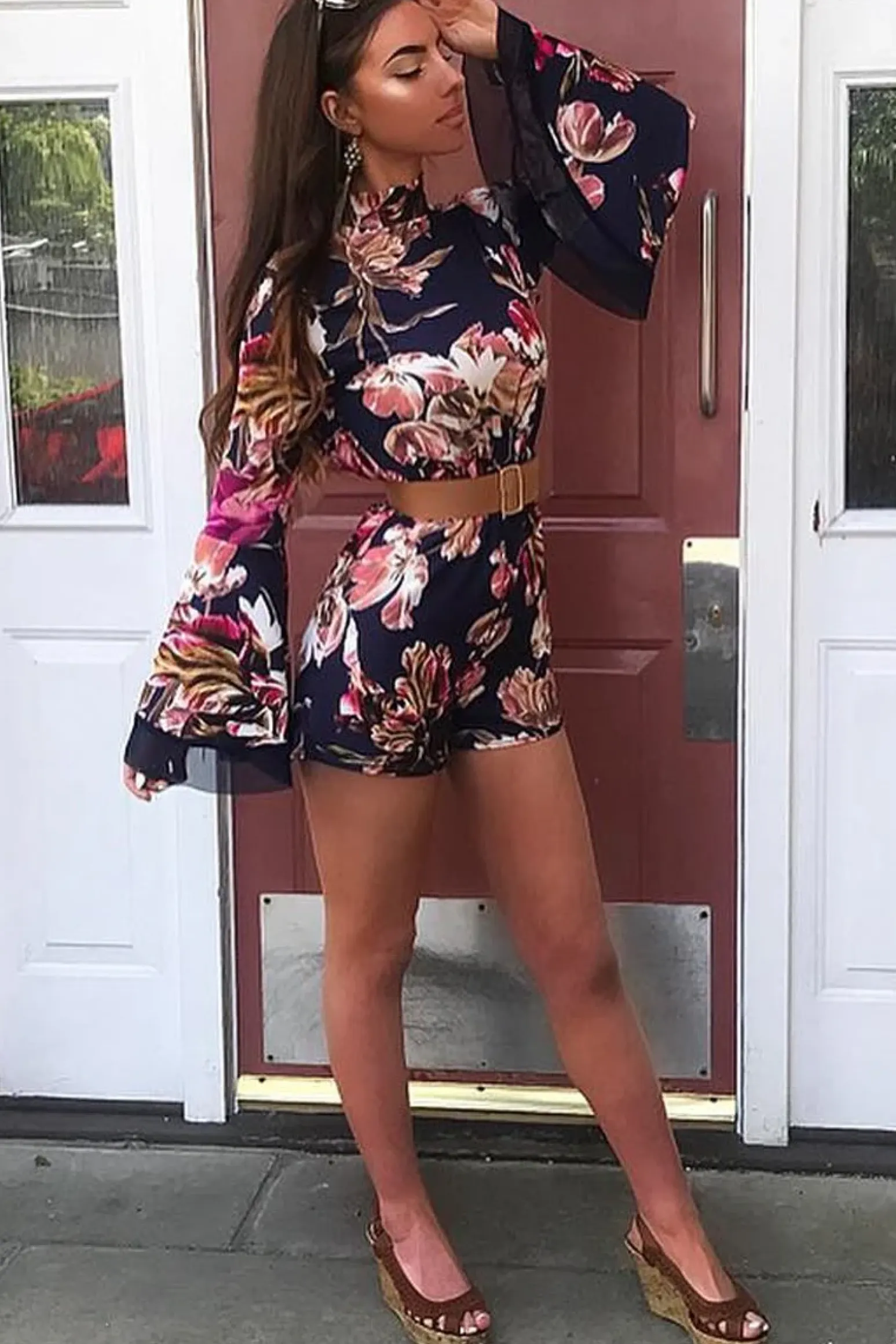 Rebellious Fashion Navy Floral Print Open Back Playsuit - Cassia