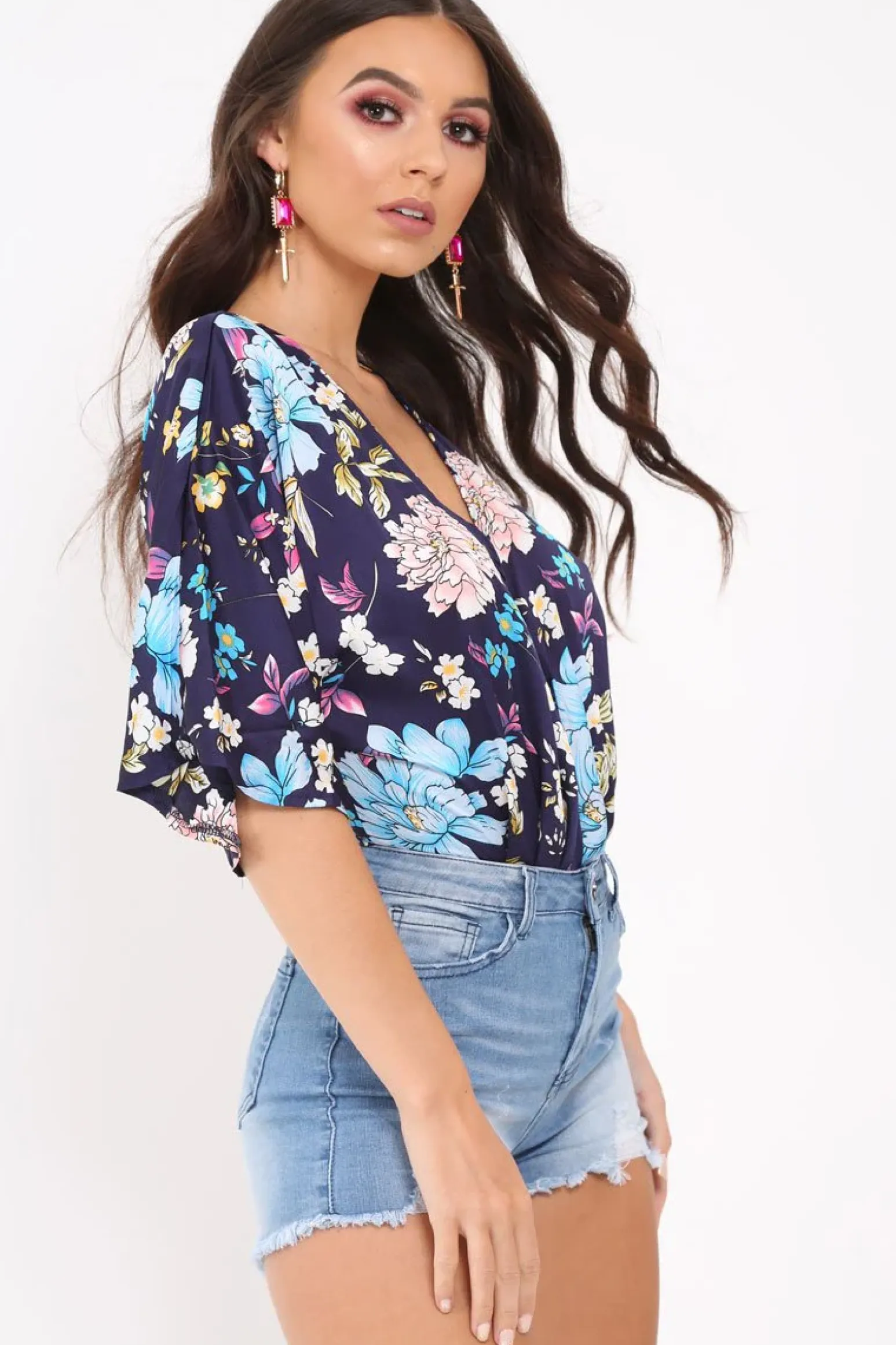 Rebellious Fashion Navy Floral Satin Plunge Bodysuit - Feona